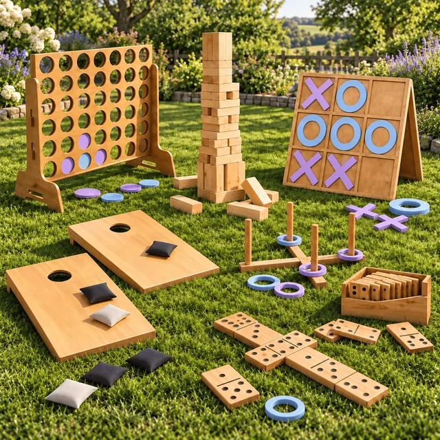 Seven giant garden games arranged together on a lawn