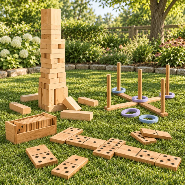 Classic giant garden games arranged together on a lawn