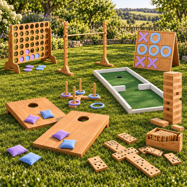 Wedding mini golf and giant garden games arranged together on a lawn