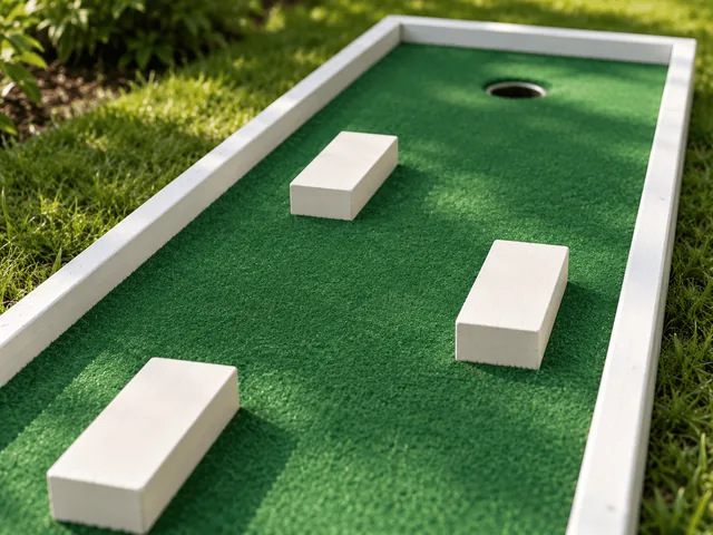 Portable white-framed mini golf hole with block obstacles on a lawn
