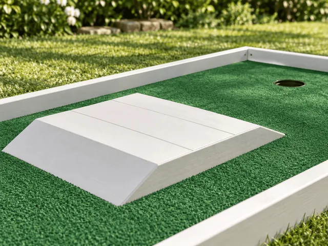 Portable white-framed mini golf hole with raised obstacle on a lawn